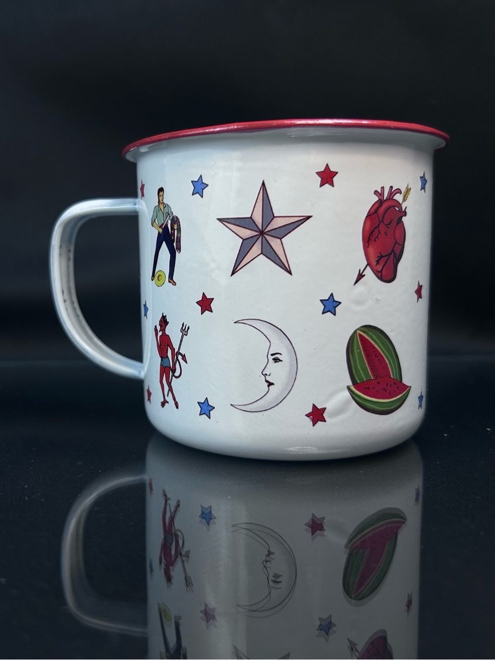 Wajiro Dream Metal Enamel Coffee Mug with Mexican Loteria Tattoo Design 3" Tall - Picture 10 of 16